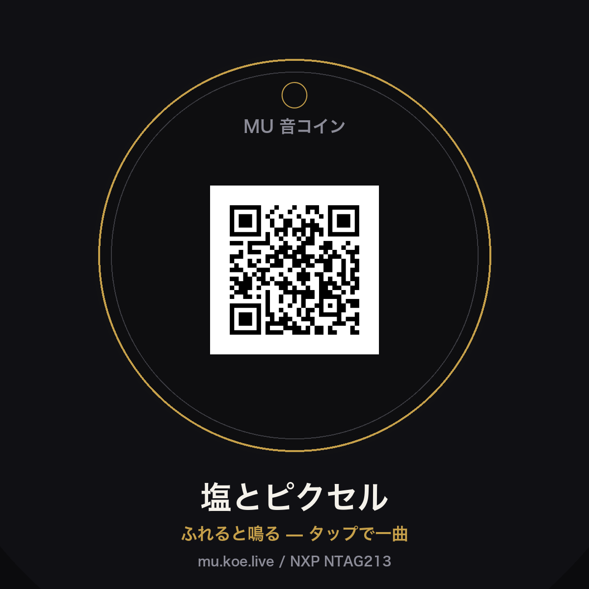 ふれると鳴る、NFC音コイン。スマホでタップすると 塩とピクセル が再生されます。NTAG213チップに曲URL（https://mu.koe.live/oto.html?s=shio-to-pixel）を書き込みロック済み。gi・鍵・バッグに付けて持ち歩く一曲。封筒でお届け（自社エンコード＆発送）。 ※防水仕様（エポキシ封止）。giに付けたまま洗濯機で洗えます（高温の乾燥機は避けてください）。